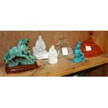 (Lot of 7) A group of Chinese carved decorations, consisting of three seated guanyin, two buddha