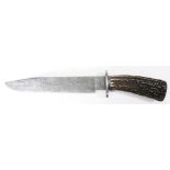 Dickie Robinson damascus steel Bowie knife blade, butt cap and guard with antler handle, blade: 9"l,