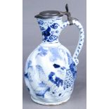 Japanese Imari style Dutch Delft saltglazed ceramic, contoured body with handle and pewter cover,