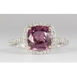 Spinel, diamond, 14k white gold ring Centering (1) square cushion-cut spinel, weighing 2.75 cts.,
