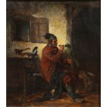 Charles Meerwebb (British, 1830-1895), Untitled (Interior Scene with Figure, Birds, and Monkey), oil