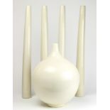 (lot of 5) Modern vase group, each executed in cream, consisting of four cylindrical vases, together