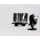 Banksy (British, 1974) "Dismaland, Barcode," spray paint on canvas, 2015, overall (unframed): 7.75"h