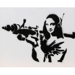 Banksy (British, b. 1974) "Dismaland, Mona Lisa with Rifle," spray paint on canvas, 2015, overall (