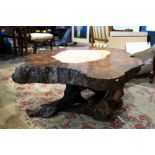 Custom burlwood low table, having a free edge top centered with a stone reserve, above the root form