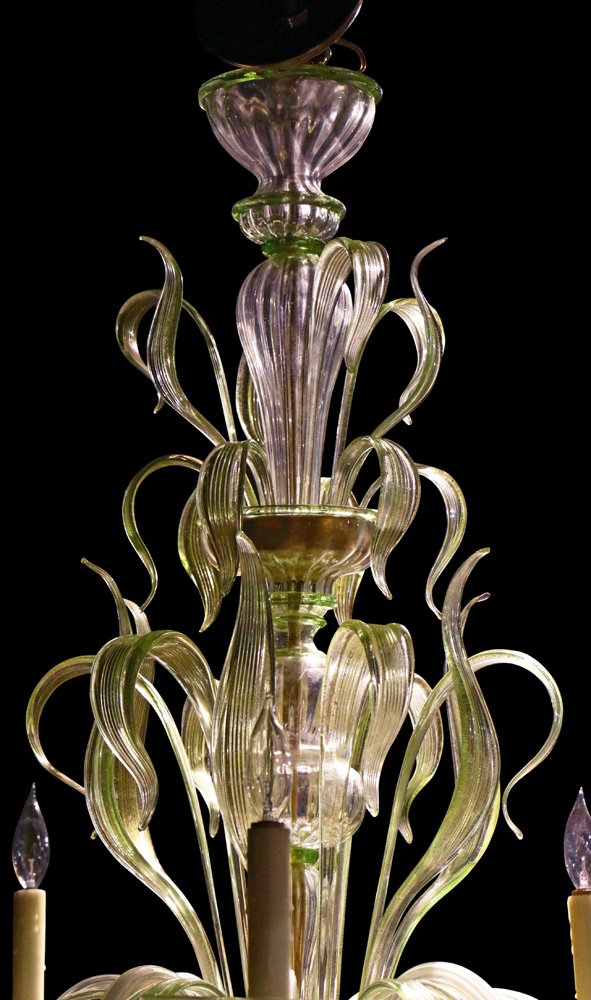 A Murano green to clear art glass chandelier, the seven light fixture with a tiered blown glass - Image 7 of 10