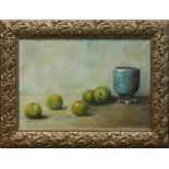 Still Life with Green Apples, oil on canvas, signed "M. L. Hese" lower center right, overall (with