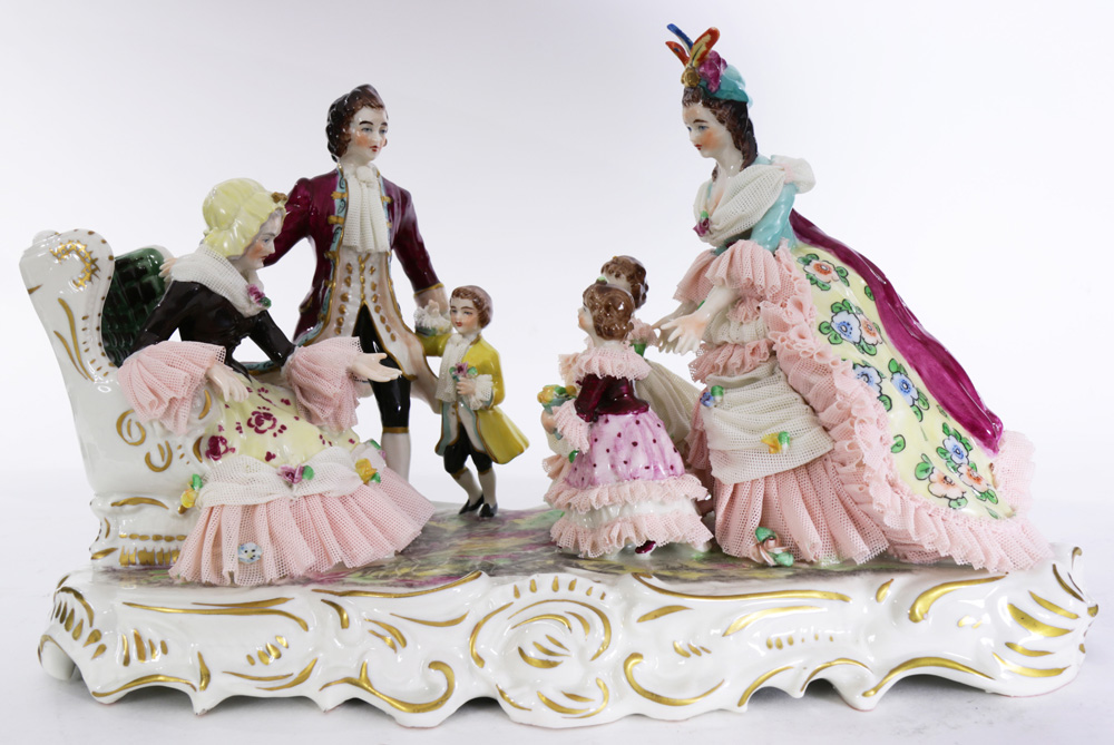 Dresden crinoline porcelain group, depicting a court scene with children, 7.5"h