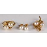 (Lot of 3) Cultured pearl, diamond and yellow gold jewelry Including 1) 7.0 mm, cultured pearl and