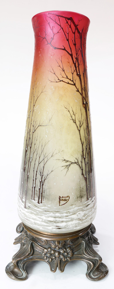 A French Art Nouveau cameo glass vase, executed in four colors, depicting a winter landscape, with - Image 3 of 7
