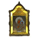Russian enamel decorated icon, depicting the Mother of God, having a silver oklad, fronting the hand