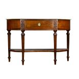 A Louis XVI style console table, having a demilune marble top, above a single drawer, continuing