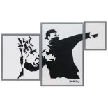 (lot of 3) Manner of Banksy (British, b. 1974), Flower Thrower triptych, spray paint on canvas, each