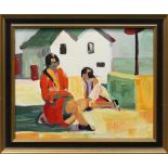 Untitled (Two Women in Sunshine), oil on canvas, unsigned, 20th century, overall (with frame): 20.