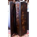 Arts and Crafts leather paint decorated screen, each panel with nail head trim, and floral sprays on