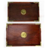 (lot of 2) Two Chinese hardwood trays, each brace with metal cornors and a "fu" (good fortune)