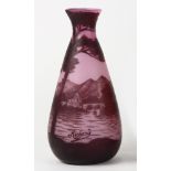 A Richard cameo glass vase, executed in purple, depicting a scenic lakeside reserve, signed at side,