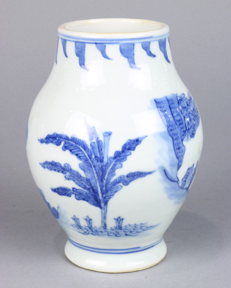 A Chinese blue and white vase, depicting official and attendant among the mountains and bridge, 6. - Image 4 of 6