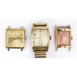 (Lot of 3) 10k, gold-filled, metal wristwatches including 1) Acme, rectangular, 10k, stainless steel