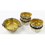 (lot of 6) Art Nouveau silver plate gilt wash berry set: a center bowl with applied butterflies