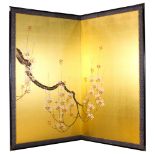 Japanese two-panel screen, cherry blossoms, ink and color on gold foil, silk border, black lacqer