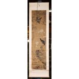 A Chinese bird and flower hanging scroll, in the manner of Song style, inscribed and with two seals,