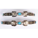 Native American turquoise, silver hat band Composed of 2 equal parts, bands with hooks, featuring (
