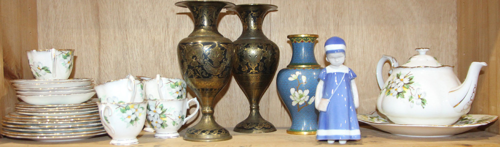 One shelf comprising a Royal Albert White Dogwood china tea set (25), a Bing & Grondahl figure of