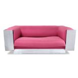 Paul Evans Cityscape loveseat having maroon upholstery above a mirrored frame, 26"h x 66"w x 37"d