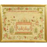 Framed needle work sampler, 19th century, having floral and alphabet decoration on the cream ground,