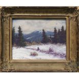 American School (20th century), Snow Scene, oil on board, signed lower left, overall (with frame):