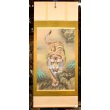 Japanese large hanging scroll, "Tiger", fiercely staring out of the scroll, ink and color on silk,