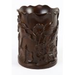 A Chinese wood brush pot, carved with flowers, 3.5"w x 5"h