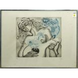 European School (20th century), Playing the Mandolin, 1972, etching in colors, pencil signed