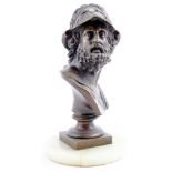 Classical style patinated bust depicting a Medieval warrior, 11.5"h