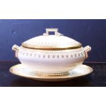 English Cauldon partial gilt tureen with undertray, having a gilt border, underside with retailers