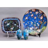 (lot of 4) Japanese cloisonne plates: one with birds in cherry blossom tree and herons by the shore,