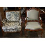 (lot of 2) French chair group, consisting of a Louis XV style bergere, having a textured gilt