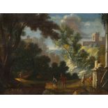 European School (17th/18th century), Wooded Landscape with Figures and Distant Castle, oil on