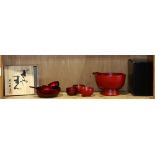 (lot of 11) One shelf of Japanese vermilion lacquered six small cups, one serving bowl and spoon,