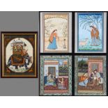 (Lot of 5) Indian miniature paintings: two depicting an amorous couple and attendant; one lady