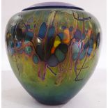 Art glass vase, having abstract geometric designs on an iridescent blue ground, signed