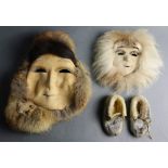 (lot of 3) Eskimo masks and pair of children's moccasin, largest: 14"l
