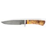 Lewis Hunting Knife Damascus blade, burlwood handle, blade: 7.25"l, overall: 12.5"l