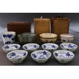 (lot of 11) Group of Japanese ceramics: seven sometsuke small dishes and one sobachoko cup, with
