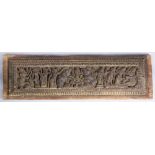 Indian wood panel carved with deities and elephants, 32"w x 9.5"h