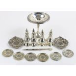 (lot of 14) Lot of silver table articles: a weighted sterling tazza; two pairs of shakers, one