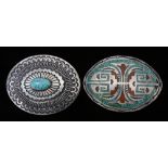 (lot of 2) A Southwest turquoise mounted silver belt buckle lot: the first, oval centering a