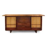 George Nakashima walnut cabinet, New Hope, having original medium finish, case with free edge slab