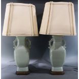 (lot of 2) A pair of Chinese Porcelain celadon Lamp vases, wired into Lamps and with shades, vase